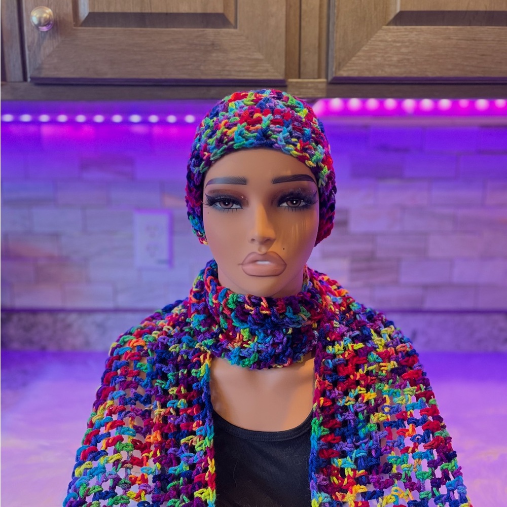 Colorful crocheted Scarf and Hat Set